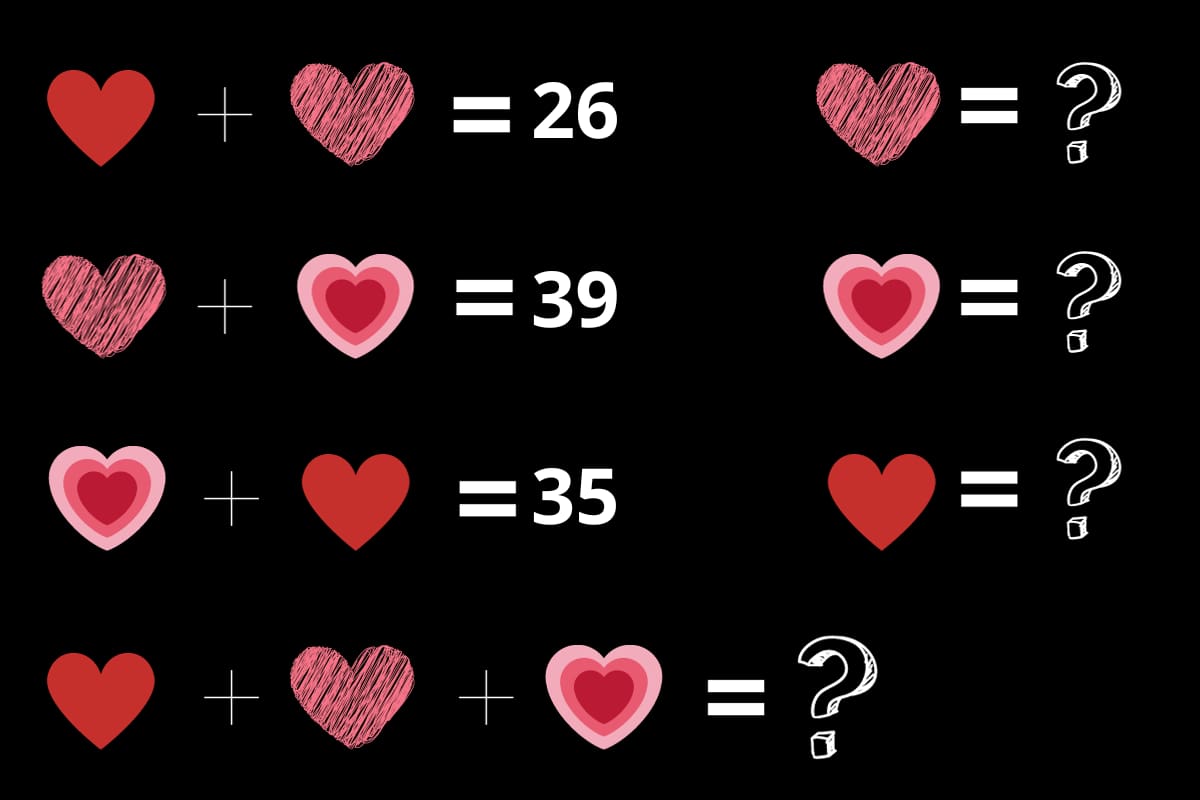 ¿Podrás encontrar el valor de cada corazón en la suma?