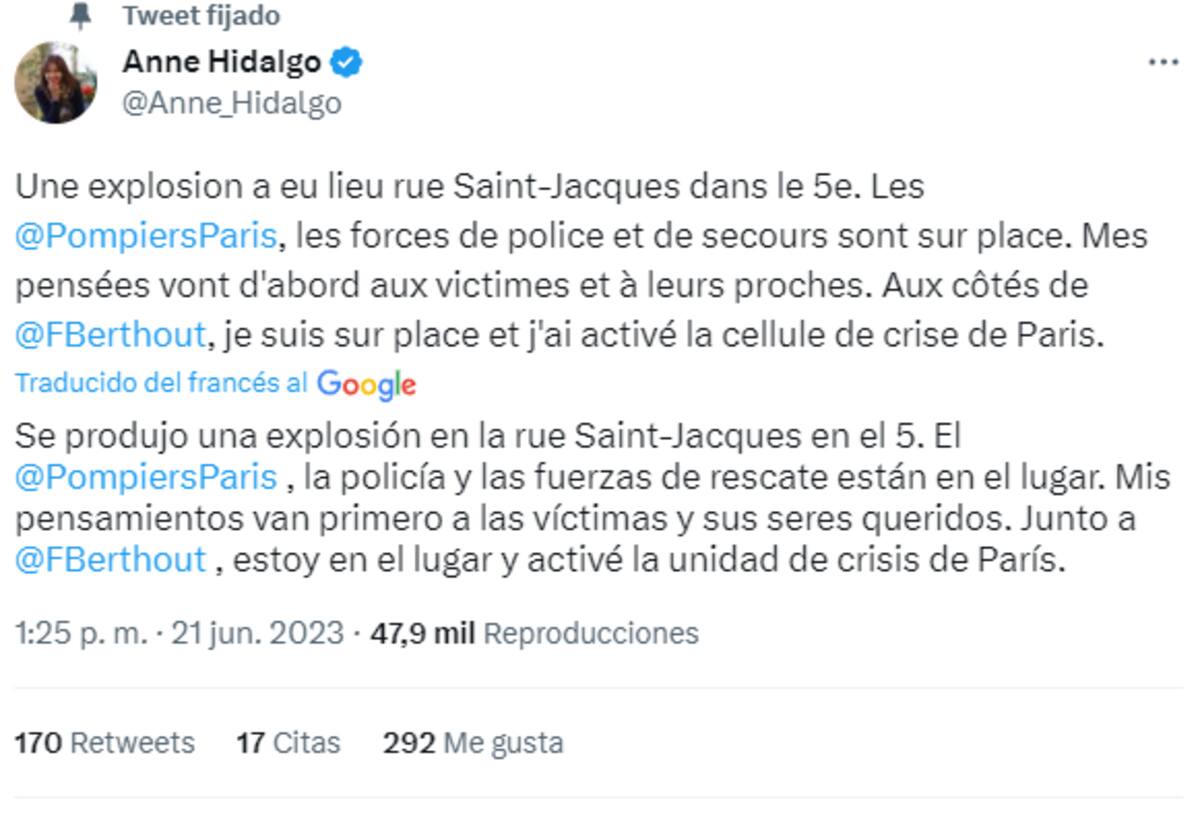 La alcaldesa de París se pronunció en sus redes. Créditos: @Anne_Hidalgo
