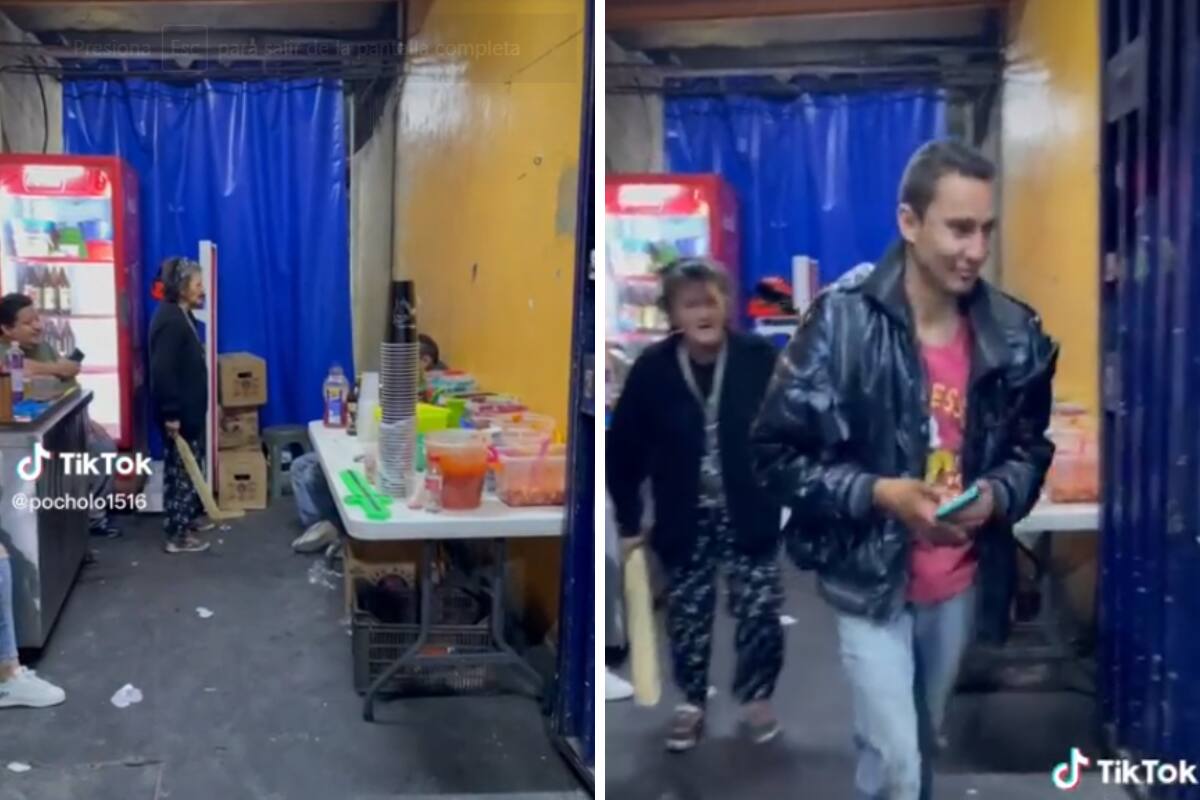 La mujer golpeó a su hijo para que este saliera del bar.