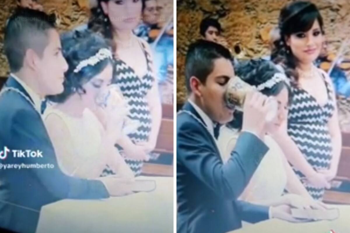 Novio se toma el vino en la boda y se hace viral.