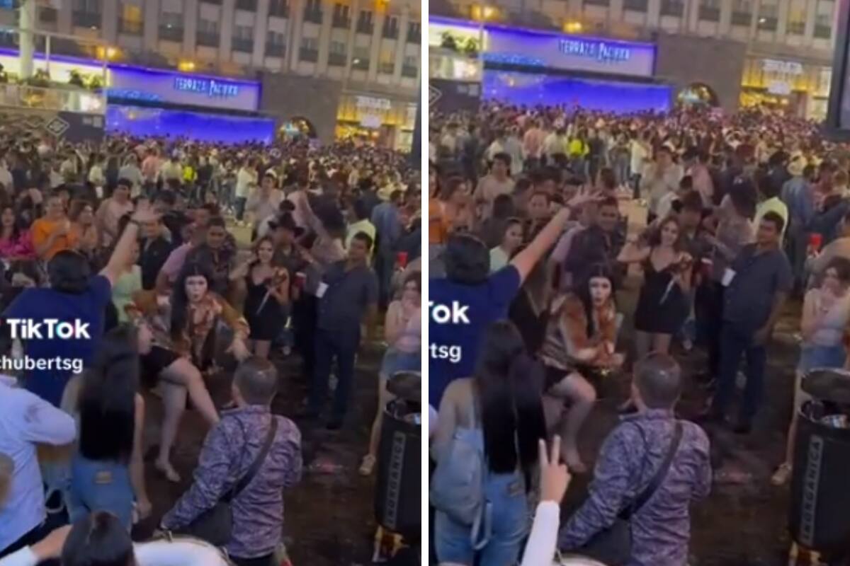 Mujer baila como Peso Pluma en medio de una pelea.