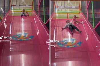 VIDEO| Mujer se avienta de resbaladilla con su hija, la menor se golpea y se hacen virales