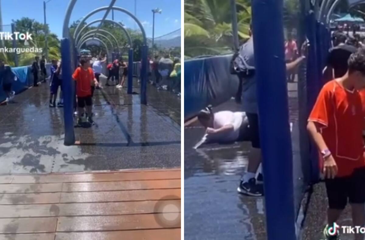 VIDEO| Mujer cae al ser impactada por el agua de un juego mecánico y se hace viral
