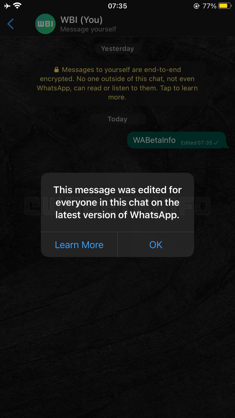 "Este mensaje fue editado para todos en este chat con la versión más reciente de WhatsApp", indica el texto. Créditos: WABetaInfo.