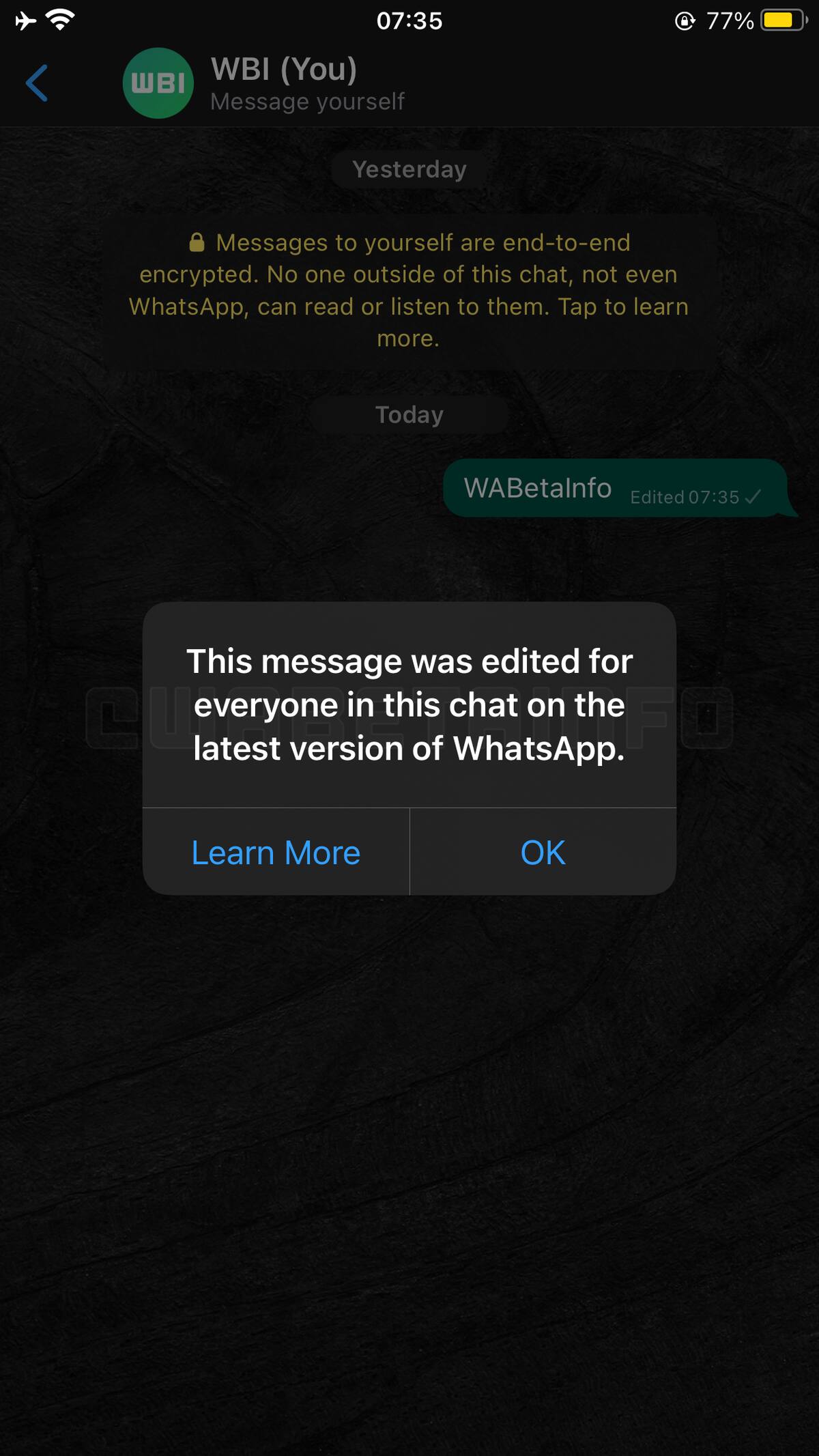"Este mensaje fue editado para todos en este chat con la versión más reciente de WhatsApp", indica el texto. Créditos: WABetaInfo.