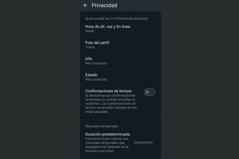 Así deben verse tus opciones de WhatsApp para que las personas no sepan cuando lees sus mensajes.