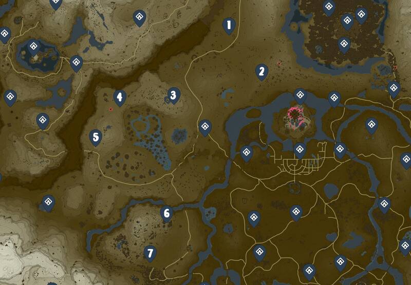 Estas son las ubicaciones de todos los Santuarios de las colinas de Hyrule. Créditos: Tecno Game - IGN - Nintendo.