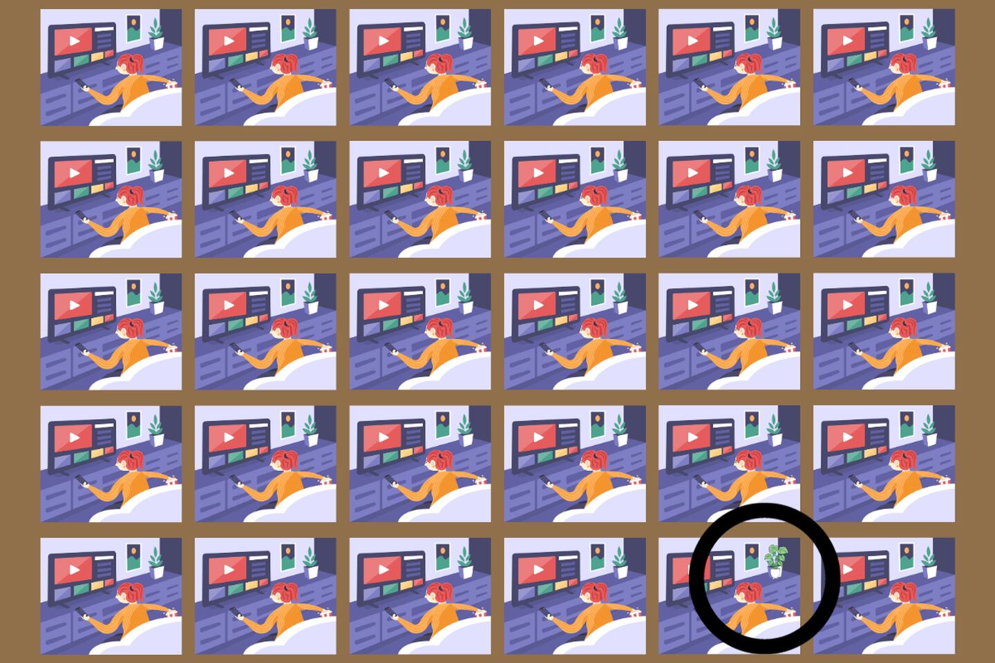 En este test visual hay varias imágenes que parecen iguales, donde hay una mujer viendo televisión. Una de ellas tiene una pequeña diferencia.