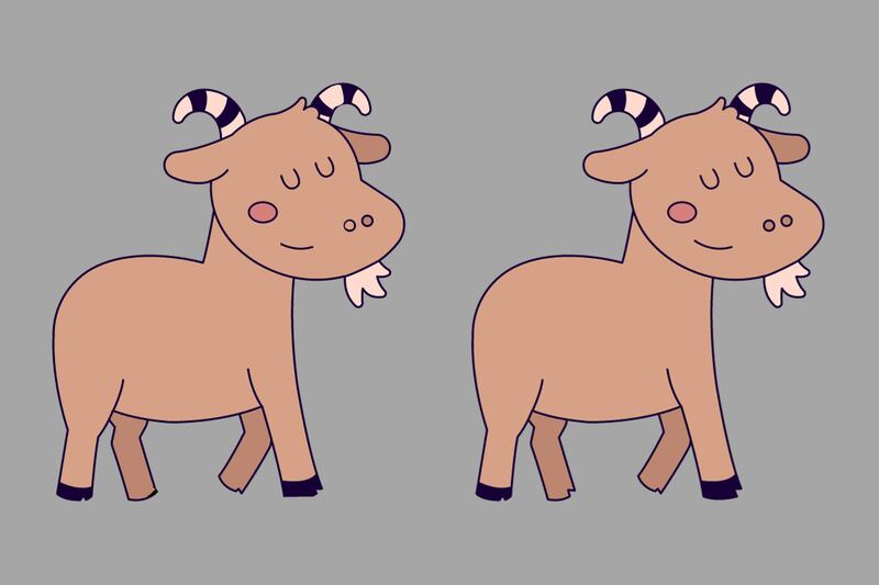 Dos dibujos de cabras que parecen iguales, pero tienen cinco diferencias entre ellas.