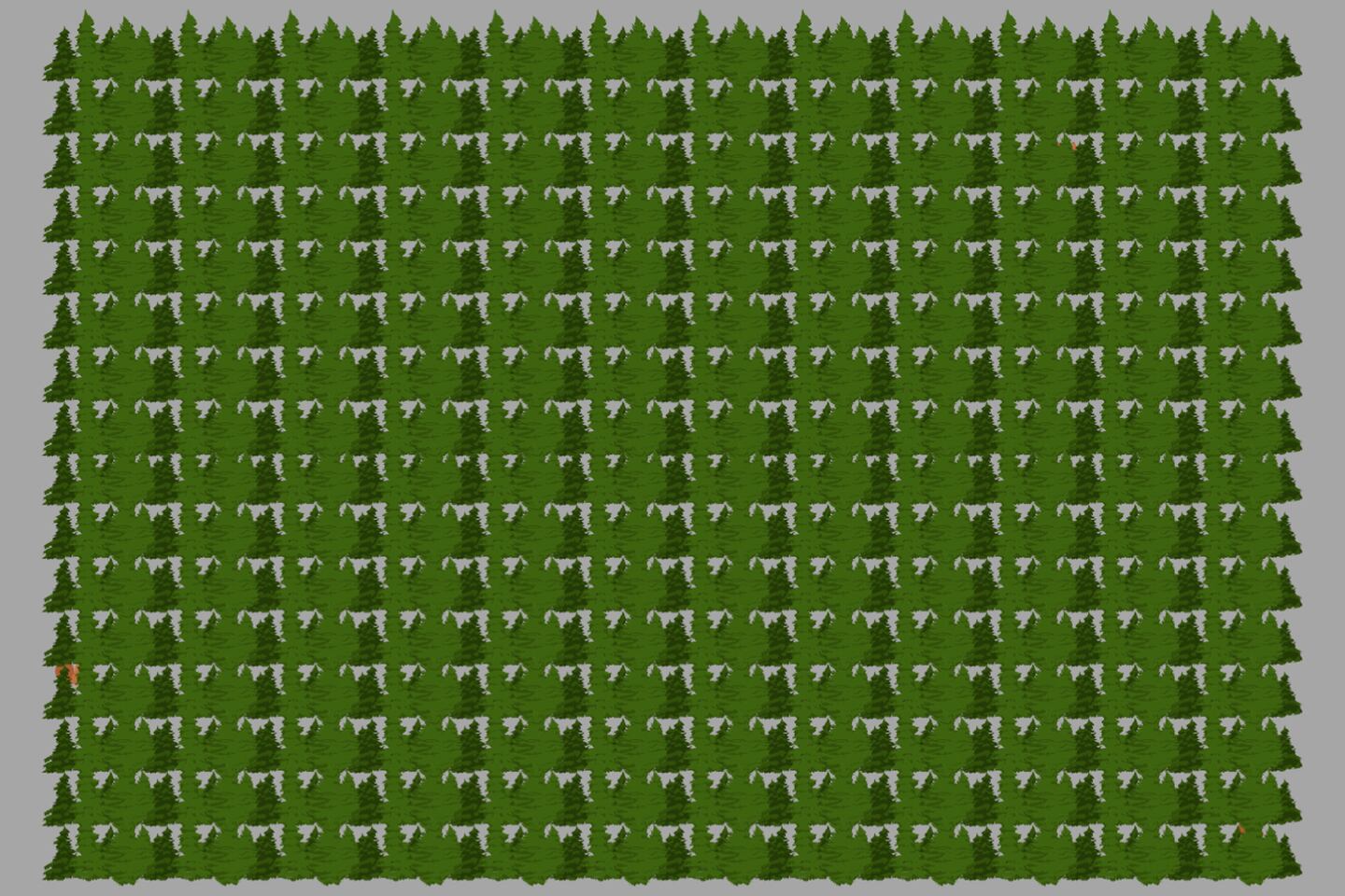 Muchos árboles que simulan un bosque, y entre ellos hay tres ardillas.